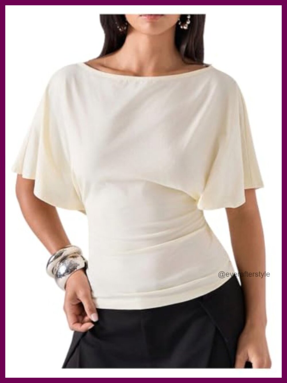 Bat Wing Short Sleeve Boat Neck Cinched Waist T Shirt